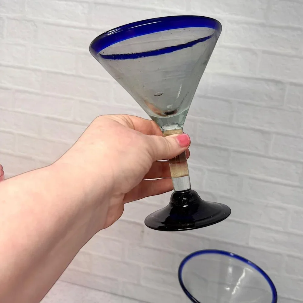 Vintage Mexican Cobalt Blue Rim Margarita Glasses 8 oz Set‎ of 2